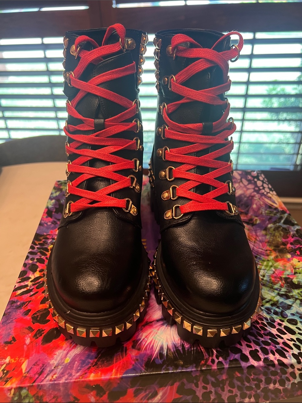 Cape Robbin Black Lace-Up Boots with Red Laces and Gold Studs